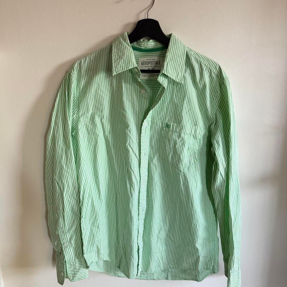 Aeropostale cotton preppy green and white striped button-up shirt